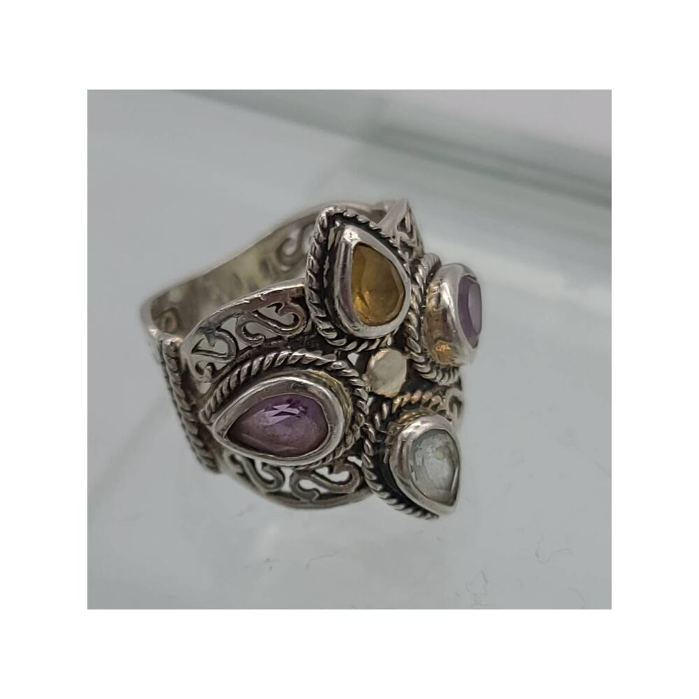 Vintage 925 Sterling Silver Colorful Glass Crystals Stunning Filigree Ring Sz 7 - Picture 8 of 9